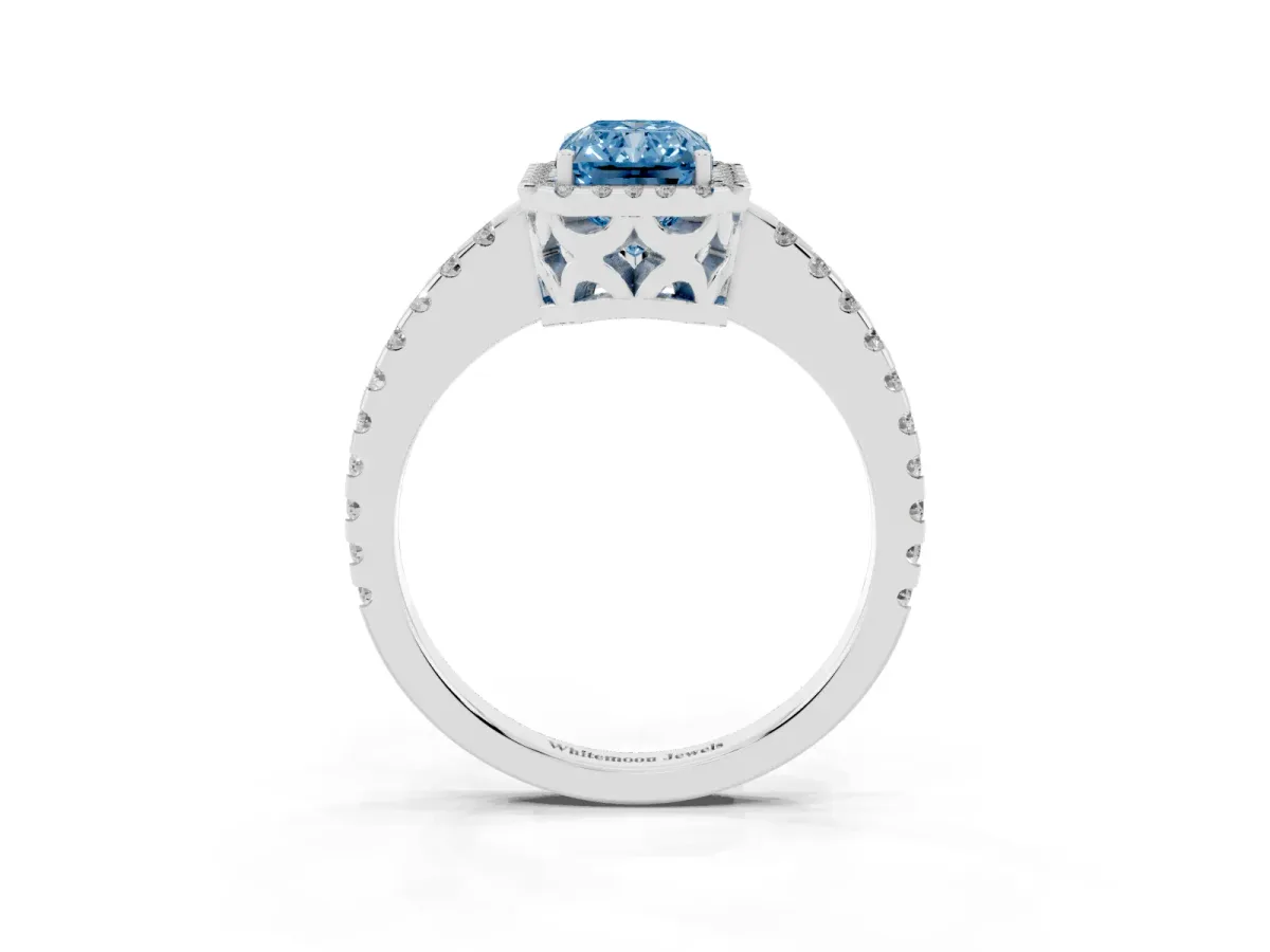 Fancy Blue Radiant Cut Diamond Halo Engagement Ring with Pavé Band and Prong Setting Platinum