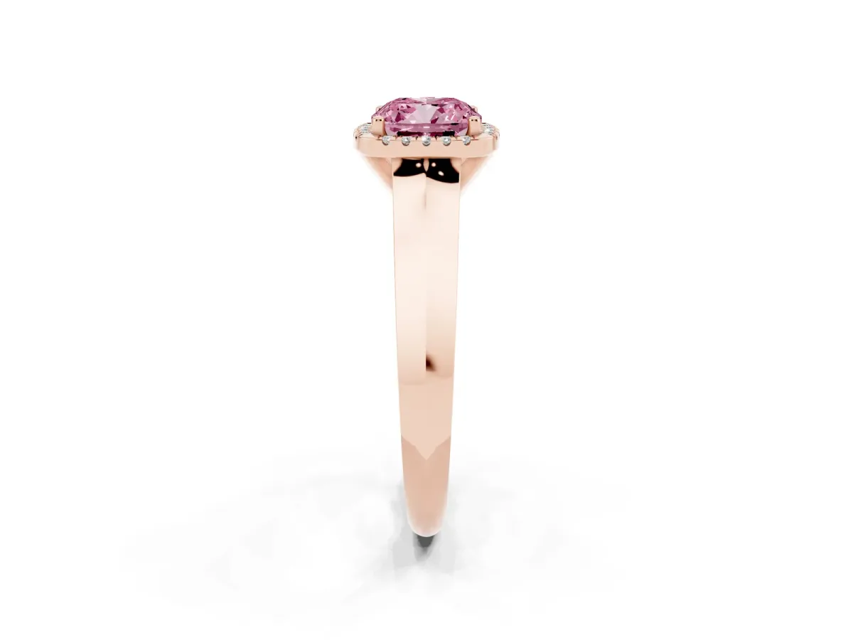 Fancy Pink Cushion Cut Halo Diamond Ring with Cathedral Band and Four-Prong Setting Rose gold