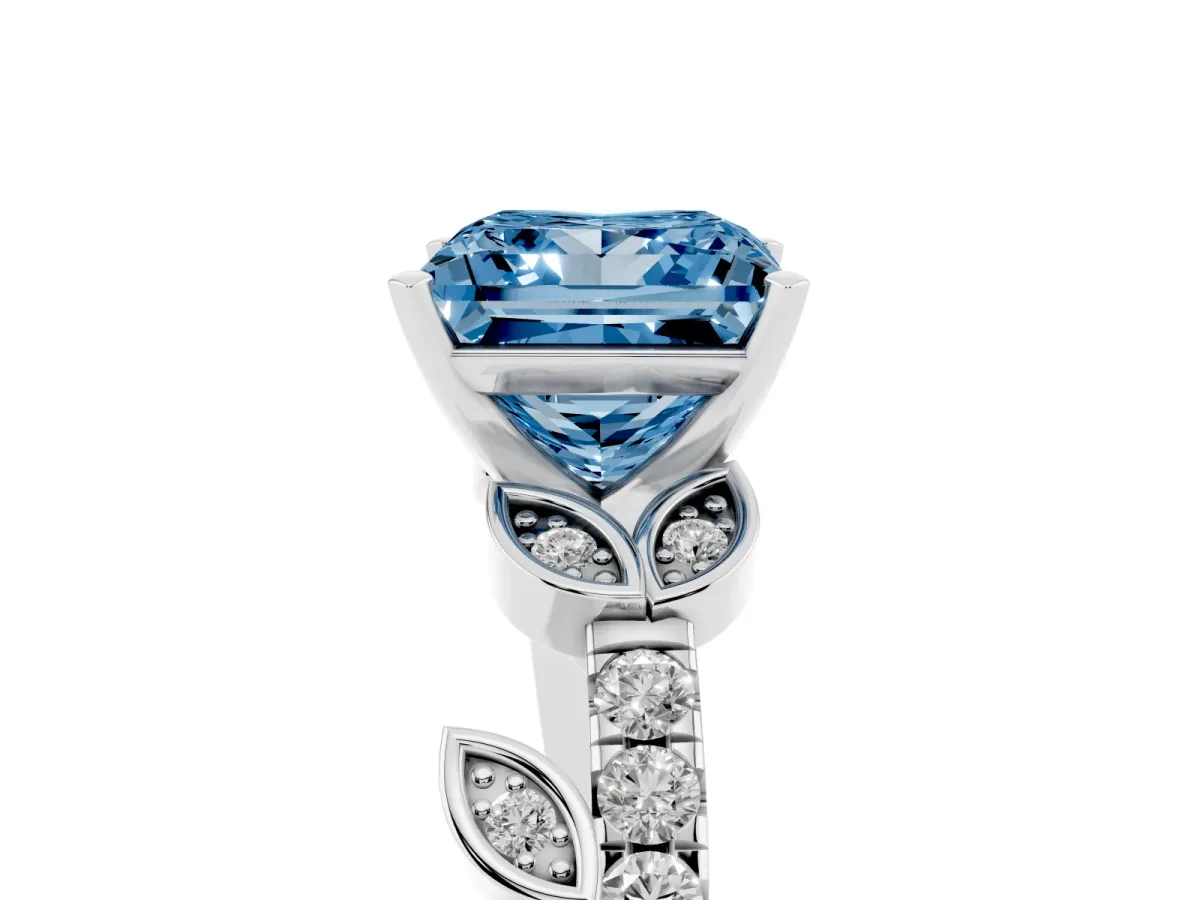Fancy Blue Princess Cut Solitaire Leaf-Inspired Diamond Ring with Pavé Band and Four-Prong Setting Silver