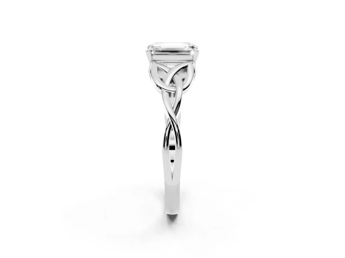 Emerald Cut Diamond Solitaire Engagement Ring with Celtic Knot Band and Four-Prong Setting Silver