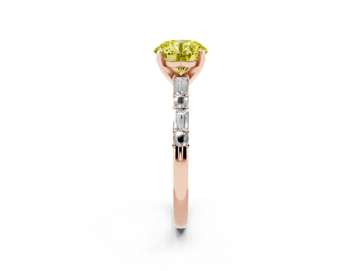Fancy Yellow Round Cut Diamond Solitaire with Side Baguettes and Channel Set Band Rose gold
