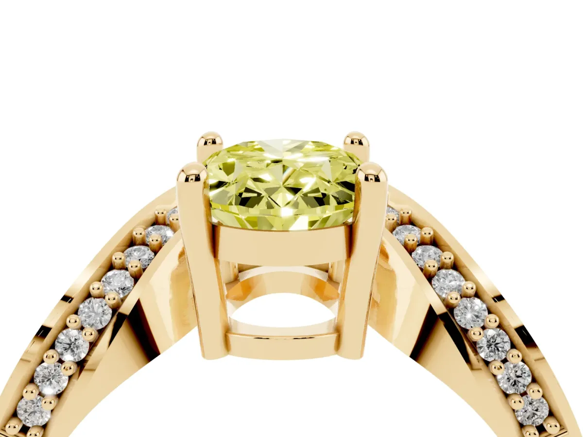 Fancy Yellow Oval Cut Solitaire Diamond Engagement Ring with Pave Band and Four-Prong Setting Yellow gold