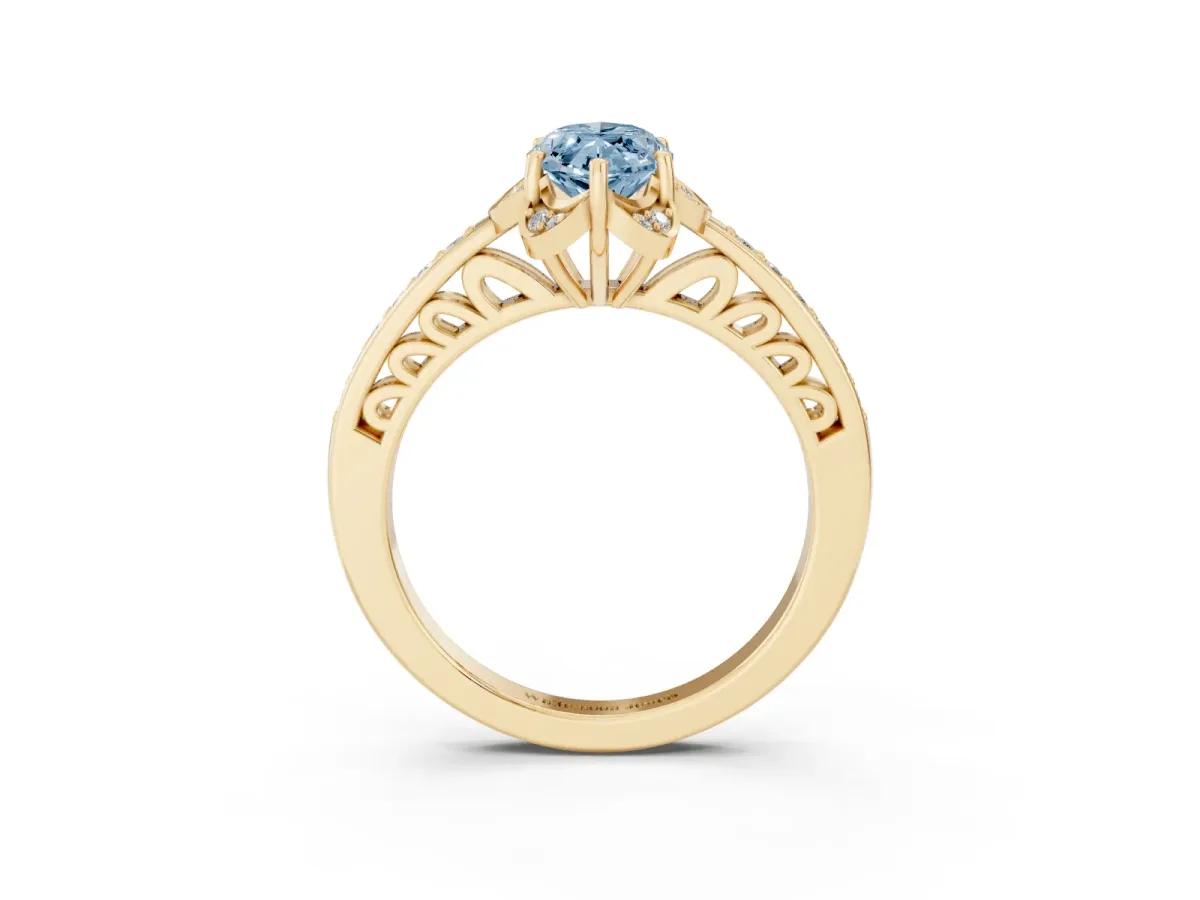 Fancy Blue Marquise Cut Cut Halo Diamond Ring with Channel Set Band and Four-Prong Setting Yellow gold