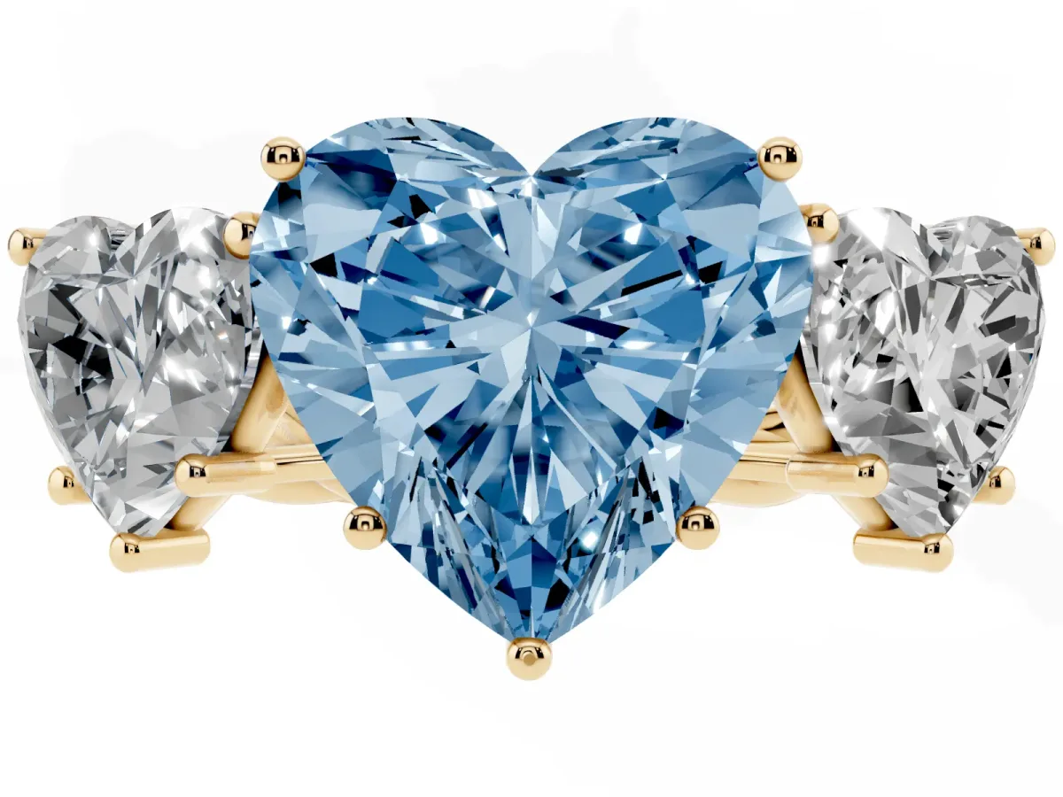 Fancy Blue Three-Stone Heart Cut Diamond Braided Band Ring with Four-Prong Setting Yellow gold