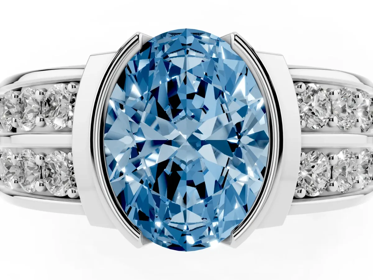 Fancy Blue Oval Cut Brilliant Diamond Channel Set Wide Band Ring with Bezel Setting Platinum