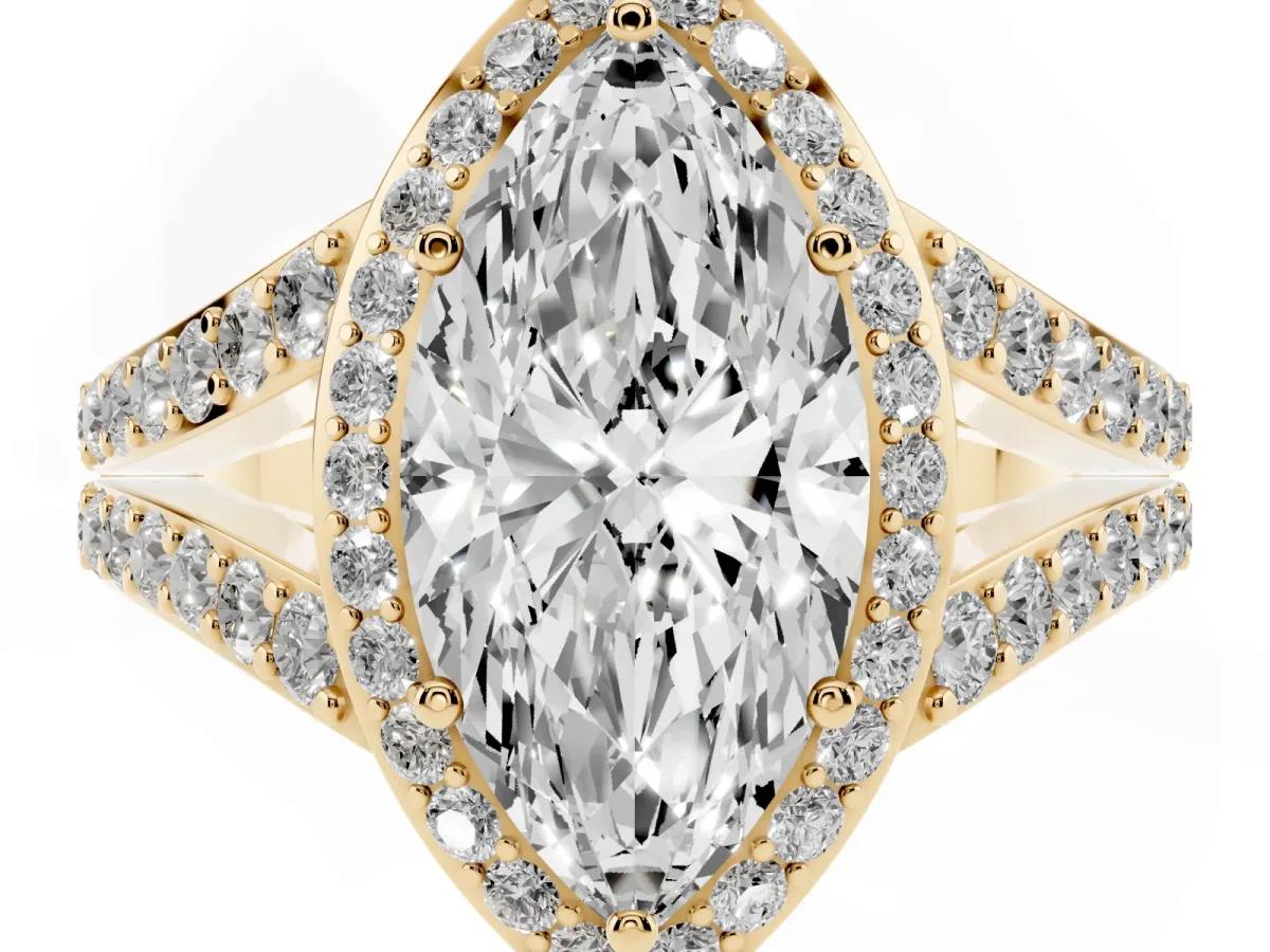 Marquise Cut Diamond Split Shank Halo Ring with Four-Prong Setting Yellow gold