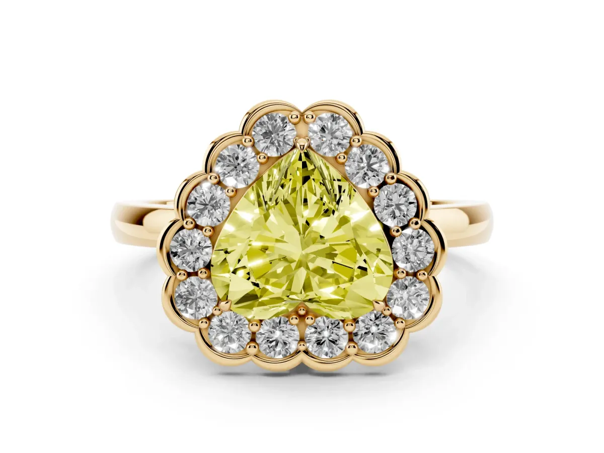 Fancy Yellow Heart Cut Halo Cluster Diamond Engagement Ring with Solitaire Band and Prong Setting Yellow gold