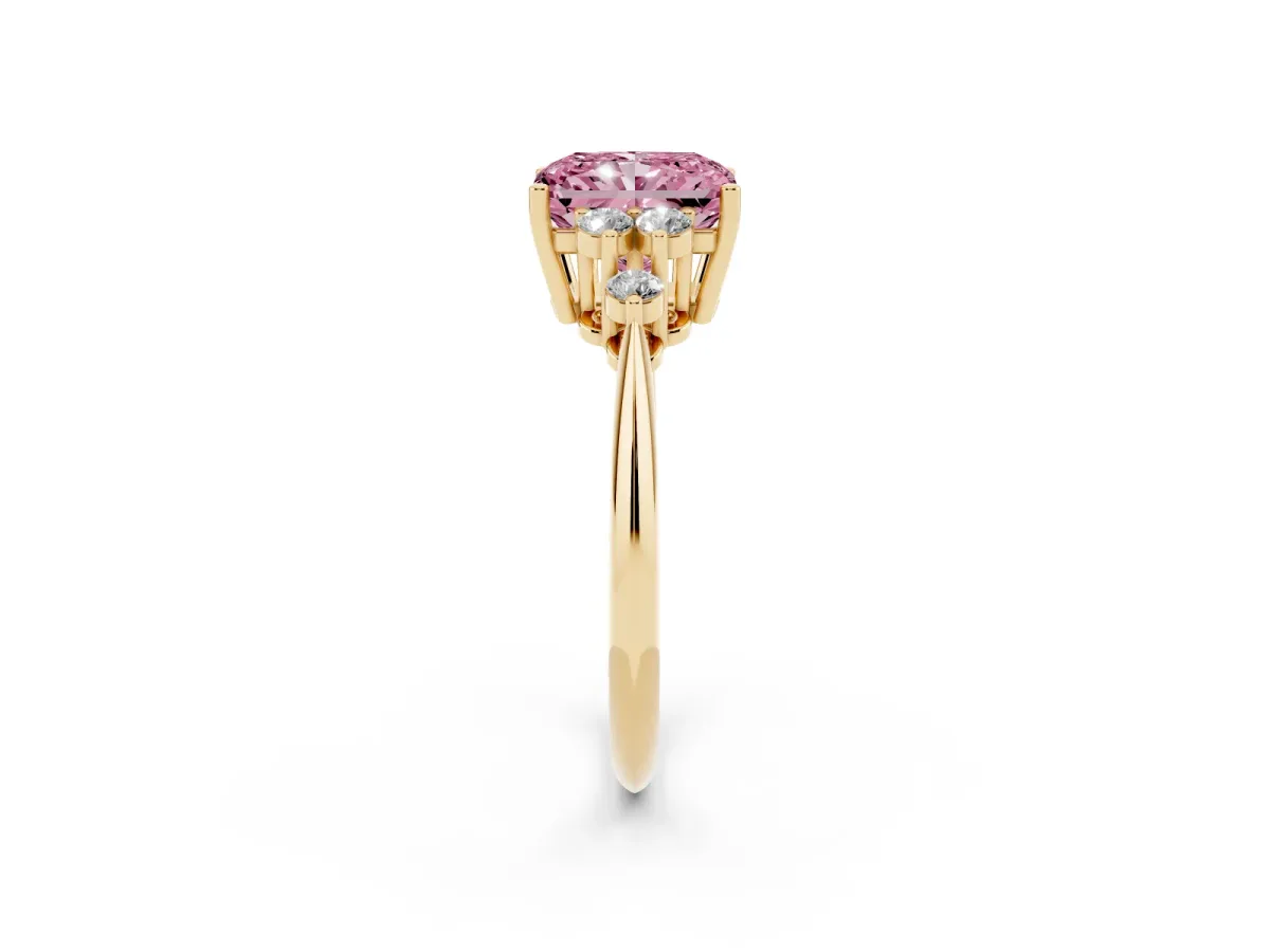 Fancy Pink Radiant Cut Cut Diamond Cluster Ring with Solitaire Band and Four-Prong Setting Yellow gold