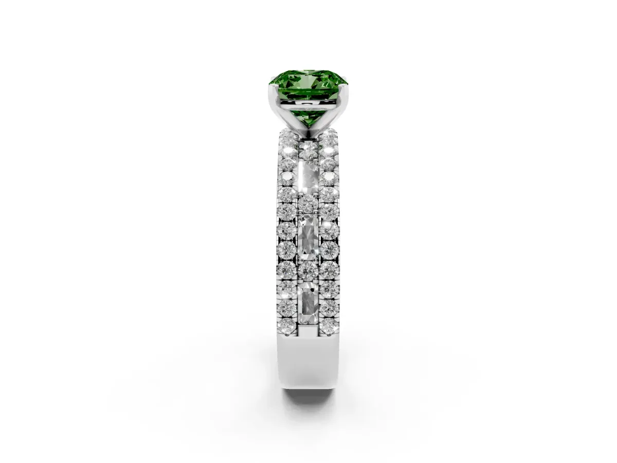 Fancy Green Cushion Cut Diamond Solitaire Ring with Pavé and Channel Set Band Platinum