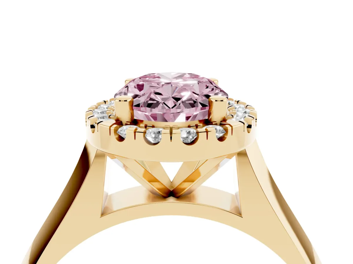 Fancy Pink Oval Cut Cut Halo Solitaire Engagement Ring with Square Band and Four-Prong Setting Yellow gold