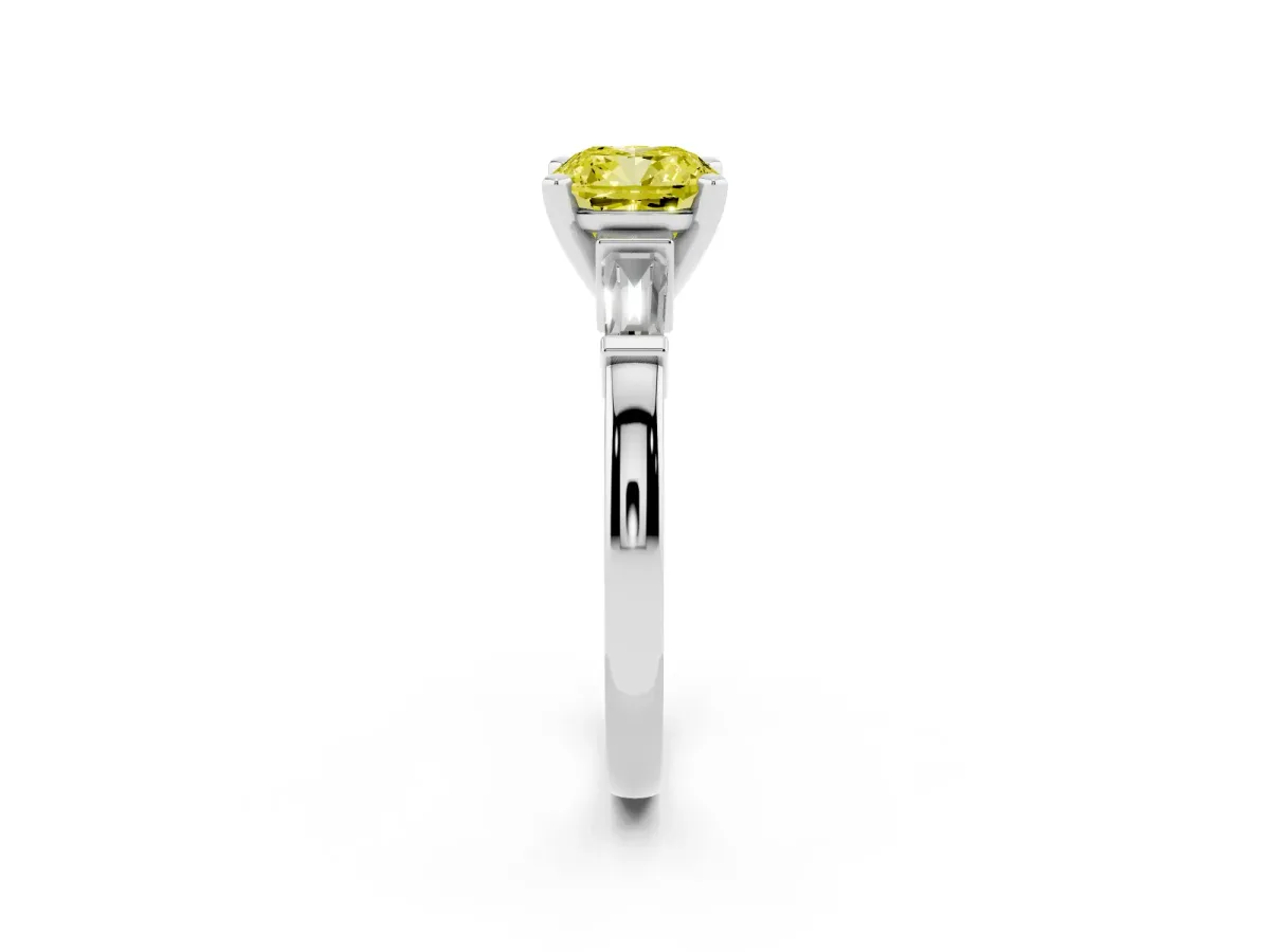 Fancy Yellow Cushion Cut Cut Diamond Solitaire Ring with Tapered Baguette Accents and Four-Prong Setting White gold