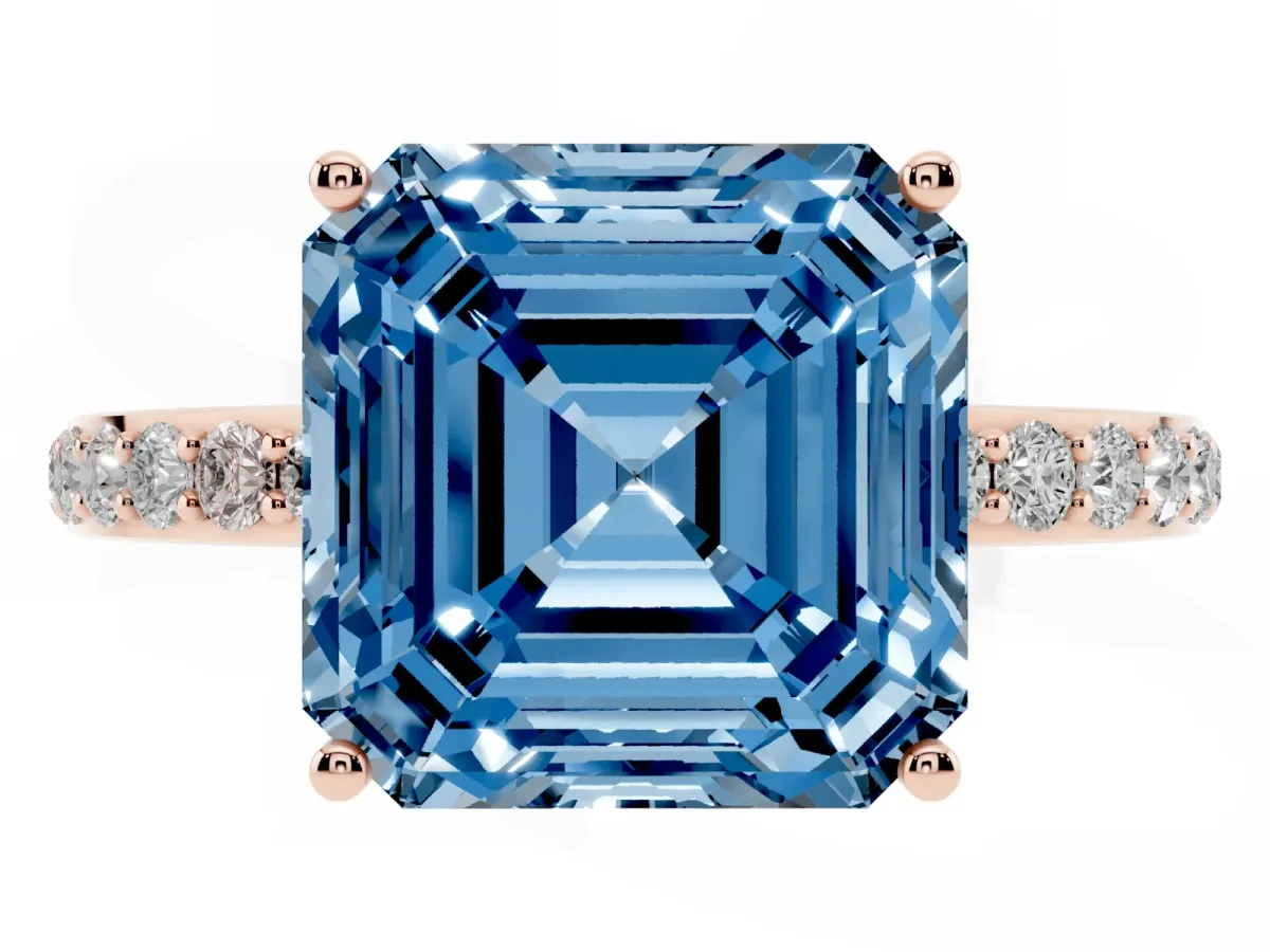 Fancy Blue Asscher Cut Diamond Solitaire Ring with Pavé Band and Hidden Halo Rose gold
