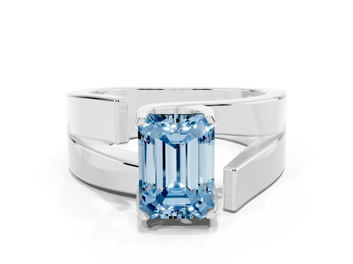 Fancy Blue Modern Tension Set Emerald Cut Diamond Solitaire Wide Band Ring Silver
