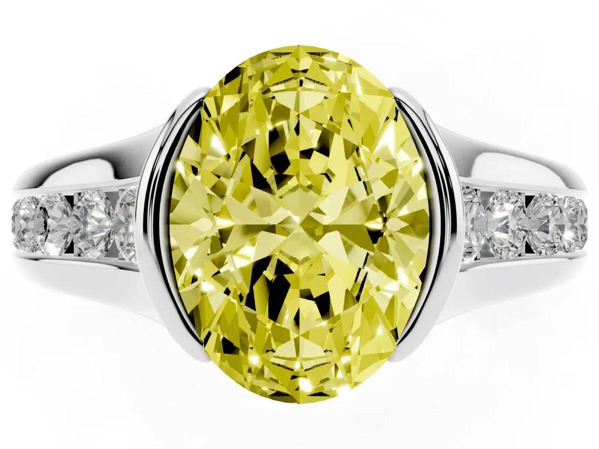 Fancy Yellow Oval Cut Solitaire Bezel-Set Diamond Ring with Channel-Set Band Silver