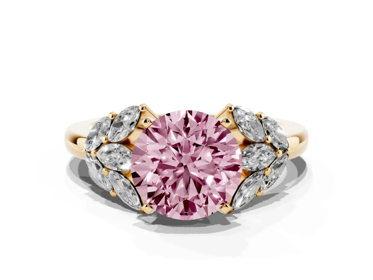 Fancy Pink Round Cut Diamond Cluster Leaf Design Ring with Prong Setting Yellow gold