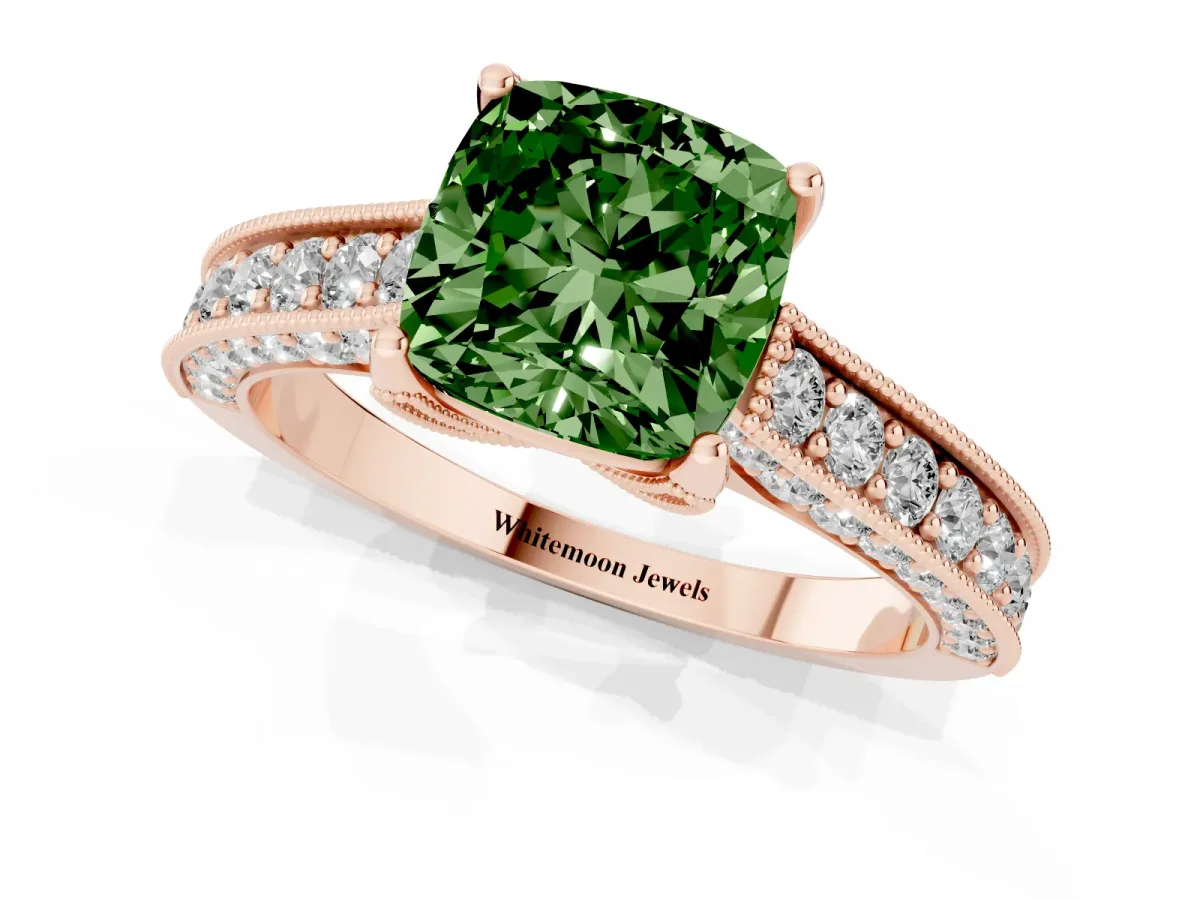 Fancy Green Cushion Cut Cut Diamond Solitaire Ring with Milgrain Pave Band and Four Prong Setting Rose gold