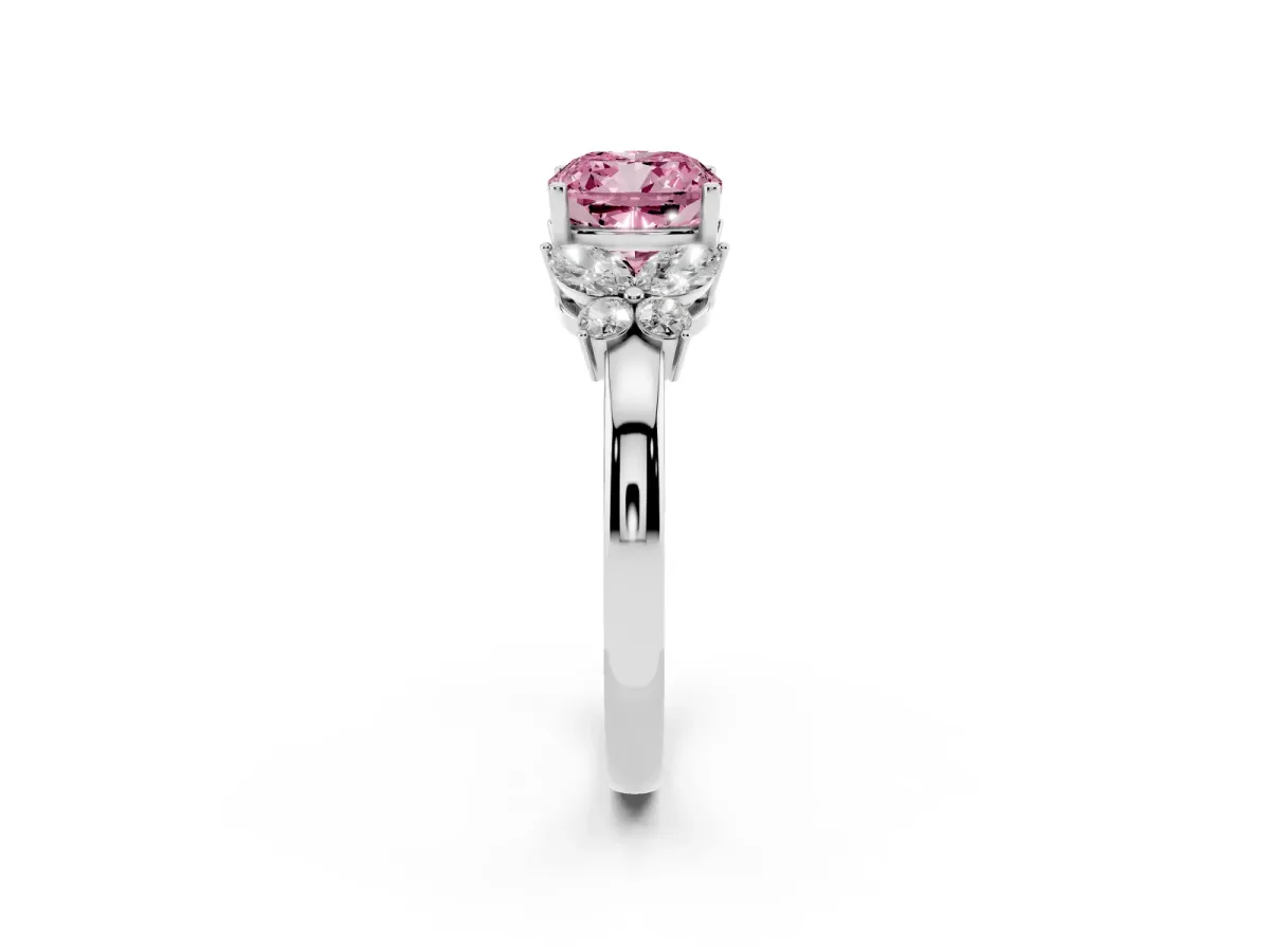 Fancy Pink Cushion Cut Cut Solitaire Floral Diamond Ring with Four-Prong Setting Silver