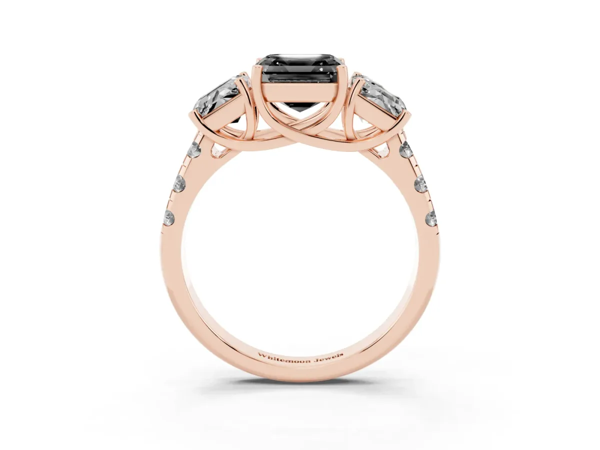Fancy Black Three-Stone Asscher Cut Diamond Pavé Band with Prong Setting Rose gold