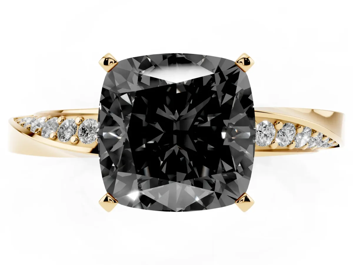 Fancy Black Cushion Cut Diamond Engagement Ring with Side Stone Accents and Four-Prong Setting Yellow gold