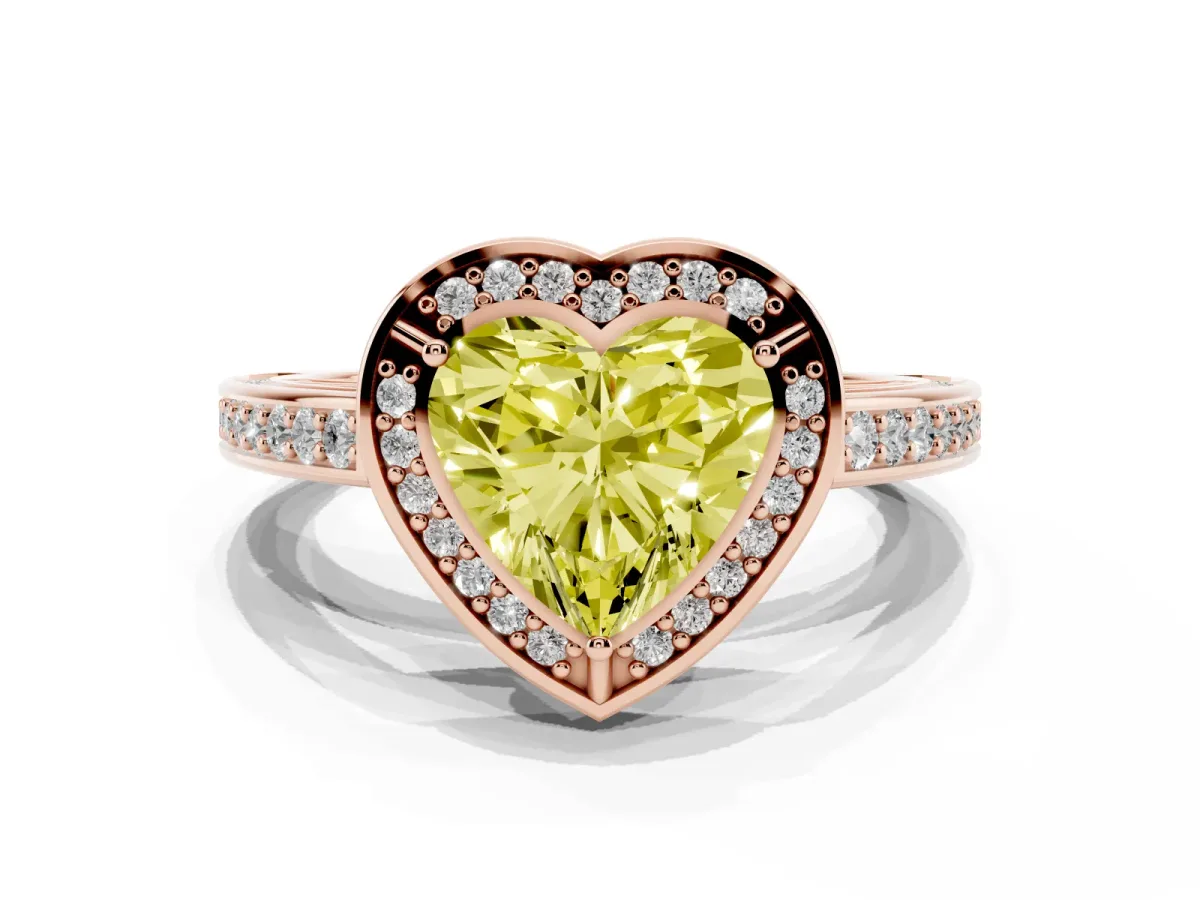 Fancy Yellow Heart Cut Cut Halo Pave Split Shank Prong Setting Ring Rose gold