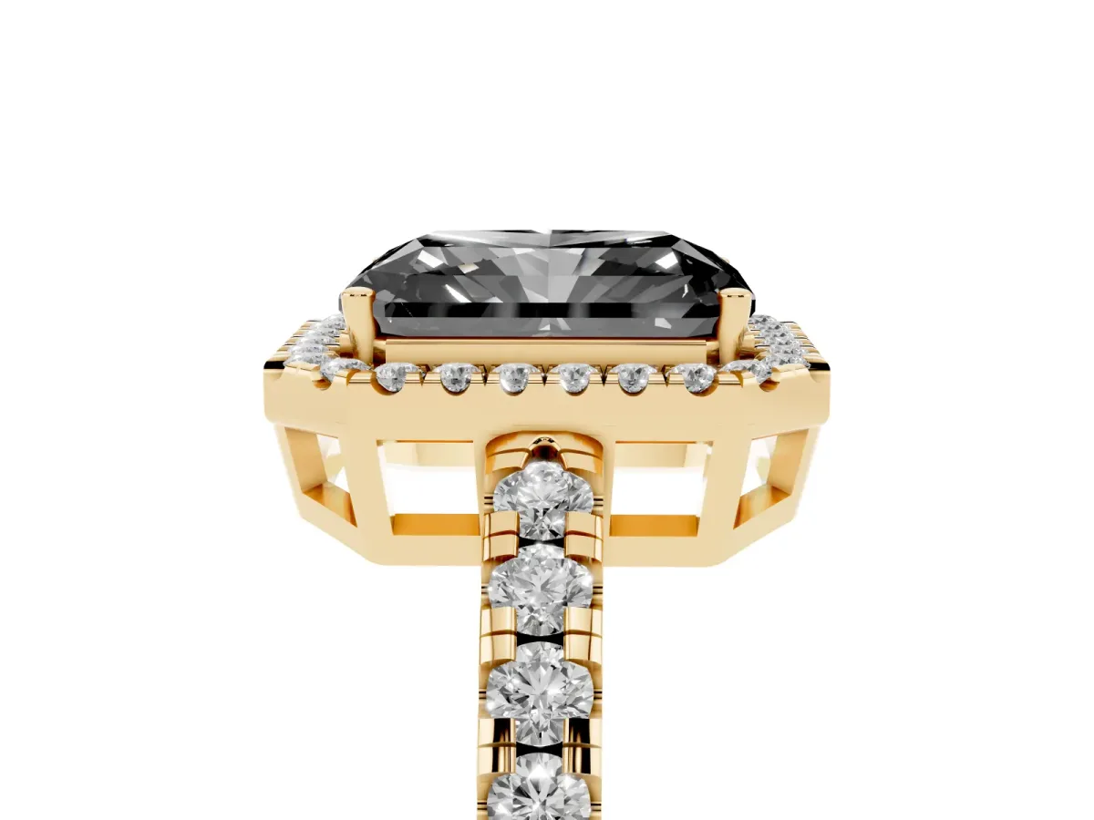Fancy Black Radiant Cut Diamond Halo Ring with Pavé Band and Four-Prong Setting Yellow gold