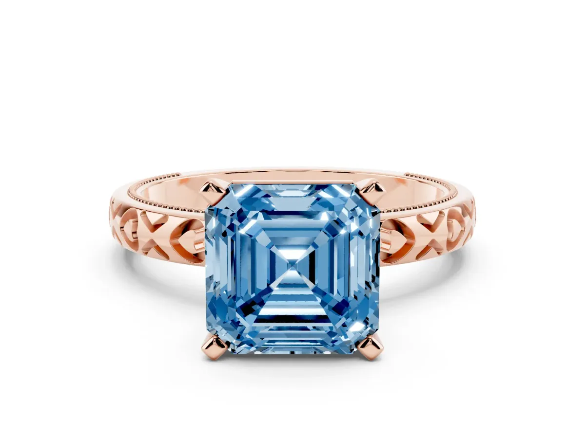 Fancy Blue Asscher Cut Solitaire Diamond Engagement Ring with XO Engraved Band and Four-Prong Setting Rose gold