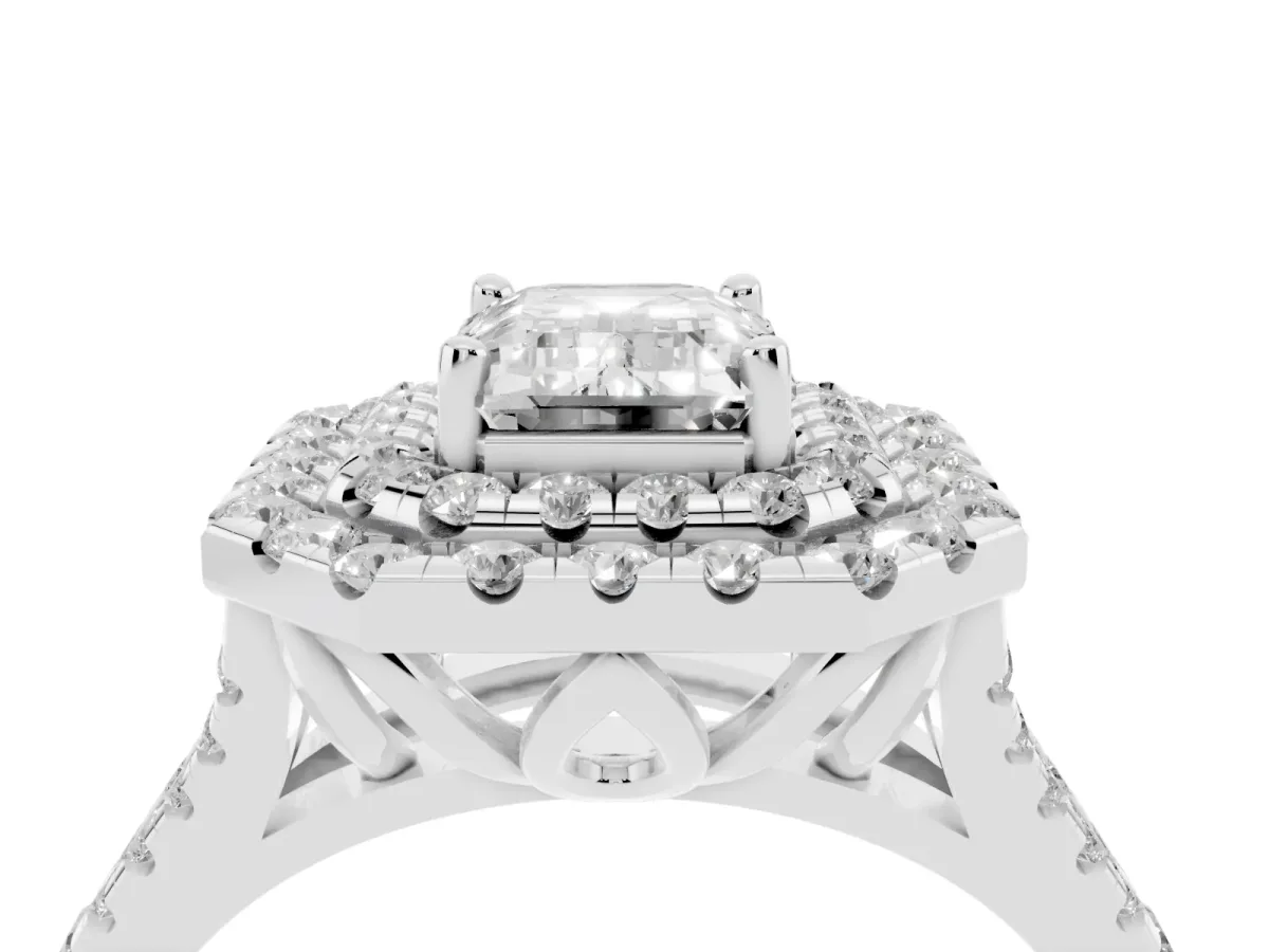 Double Halo Emerald Cut Diamond Pavé Split Shank Ring with Prong Setting White gold