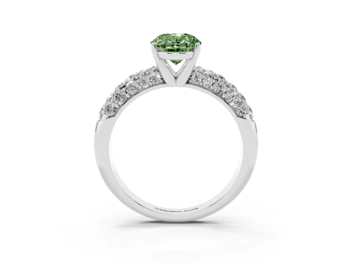 Fancy Green Oval Cut Diamond Pavé Band Solitaire Ring with Four-Prong Setting White gold