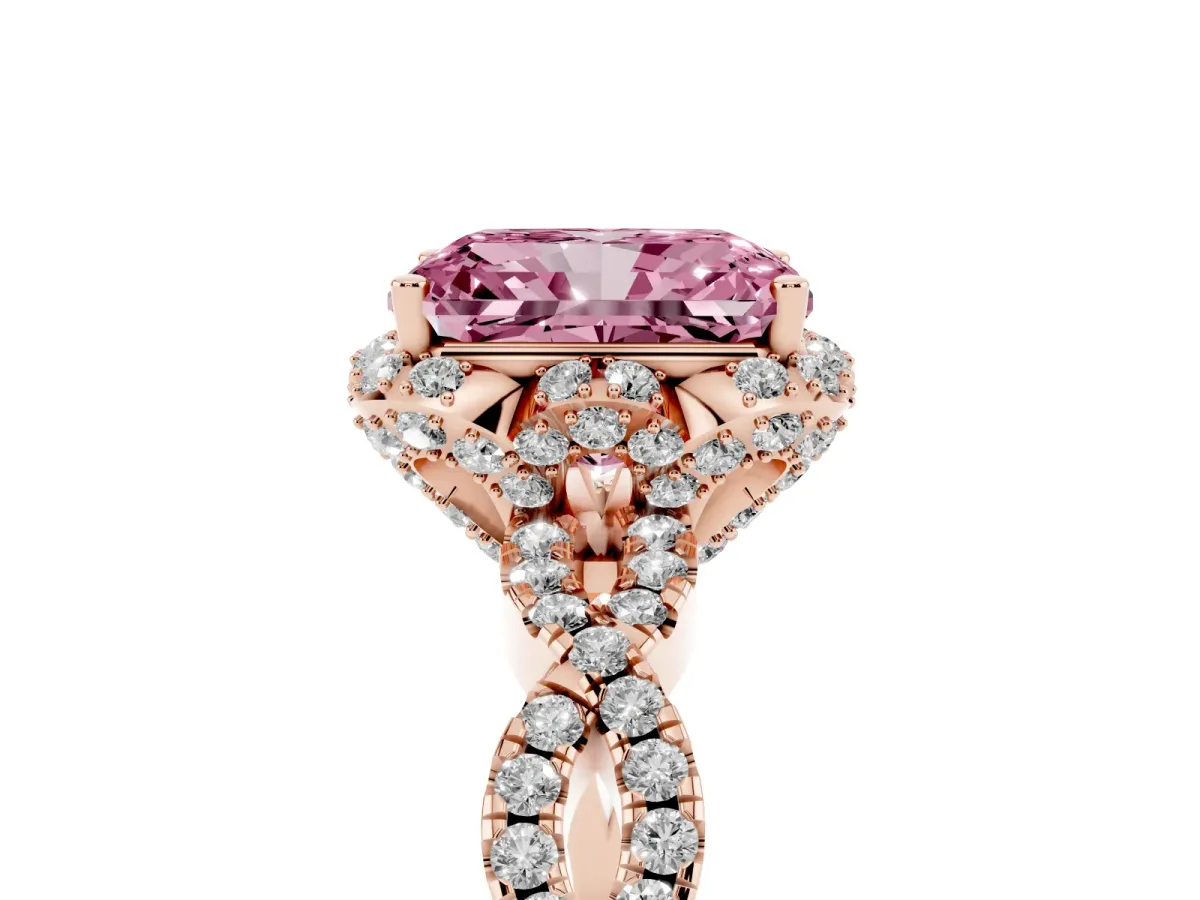 Fancy Pink Radiant Cut Halo Twist Band Solitaire Ring with Six-Prong Setting Rose gold