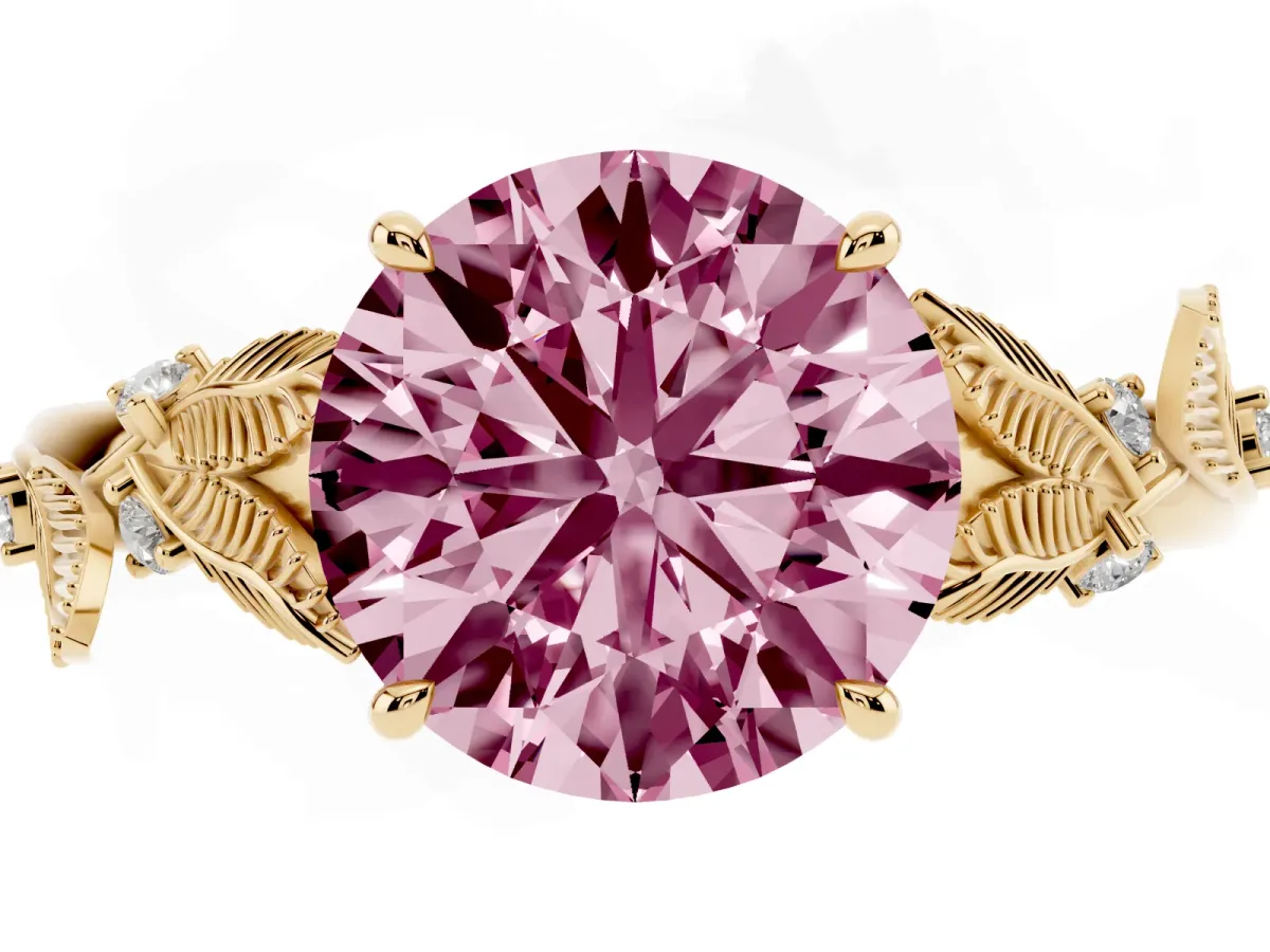 Fancy Pink Round Cut Diamond Solitaire Ring with Leaf Motif Band and Four-Prong Setting Yellow gold