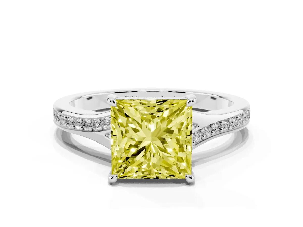Fancy Yellow Princess Cut Diamond Solitaire Ring with Pavé Band and Prong Setting Silver