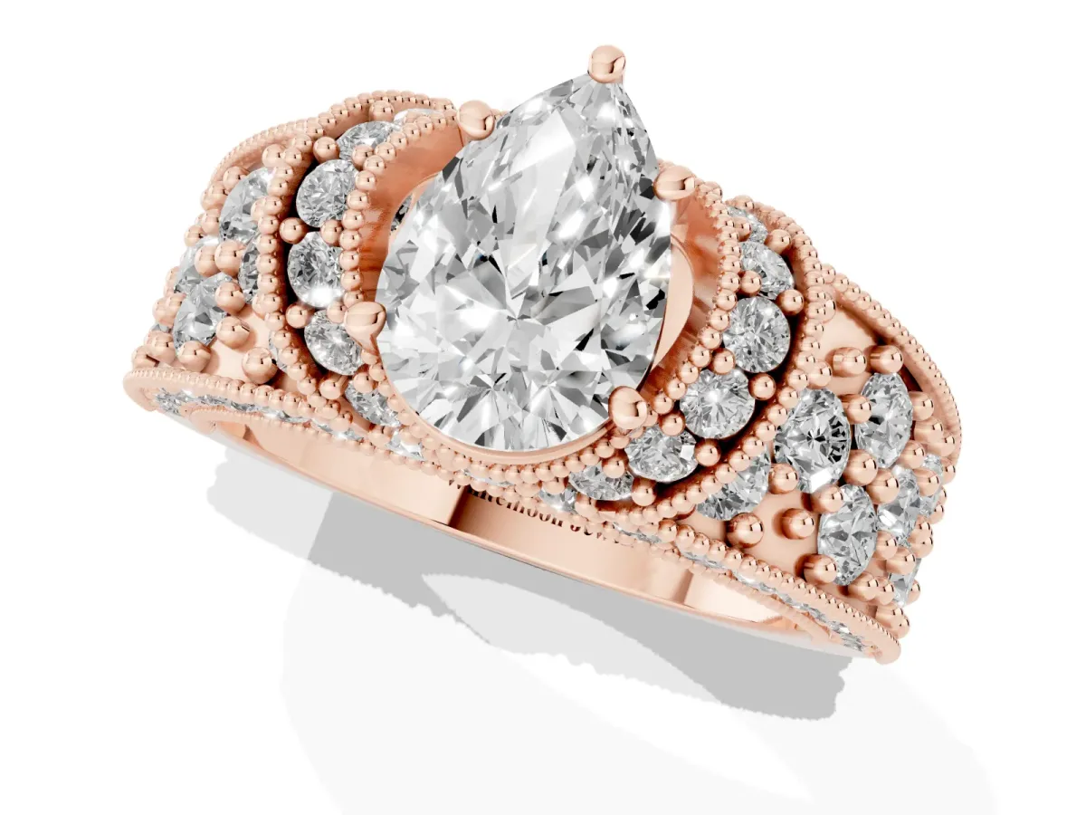 Pear Cut Halo Pave Diamond Engagement Ring with Milgrain Detailing Rose gold