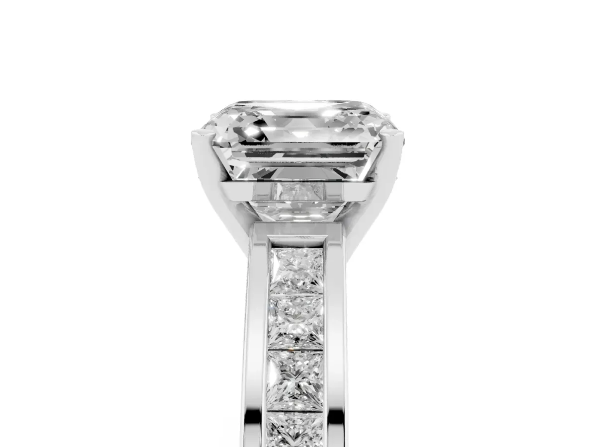 Asscher Cut Solitaire Diamond Ring with Channel-Set Band and Four-Prong Setting Silver