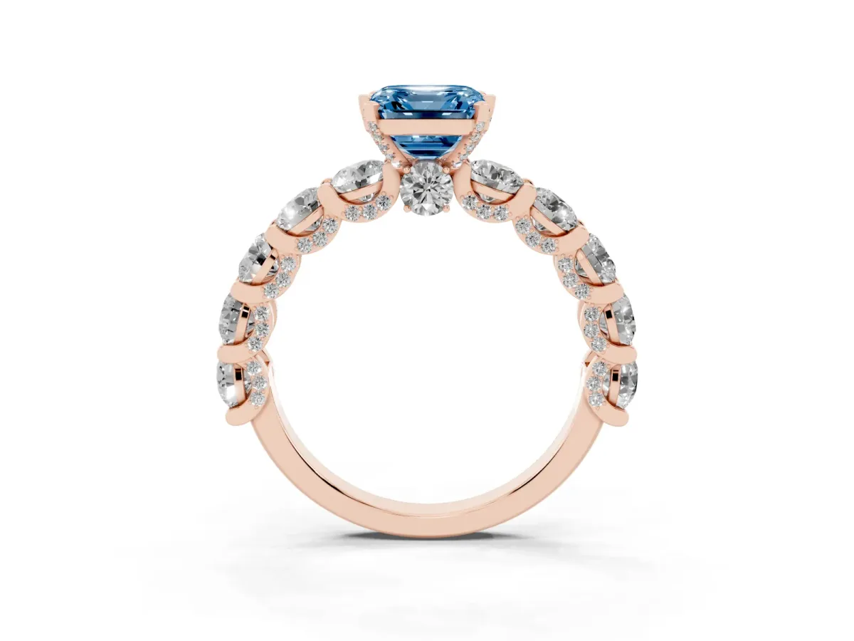 Fancy Blue Asscher Cut Diamond Side Stone Engagement Ring with Four-Prong Setting Rose gold