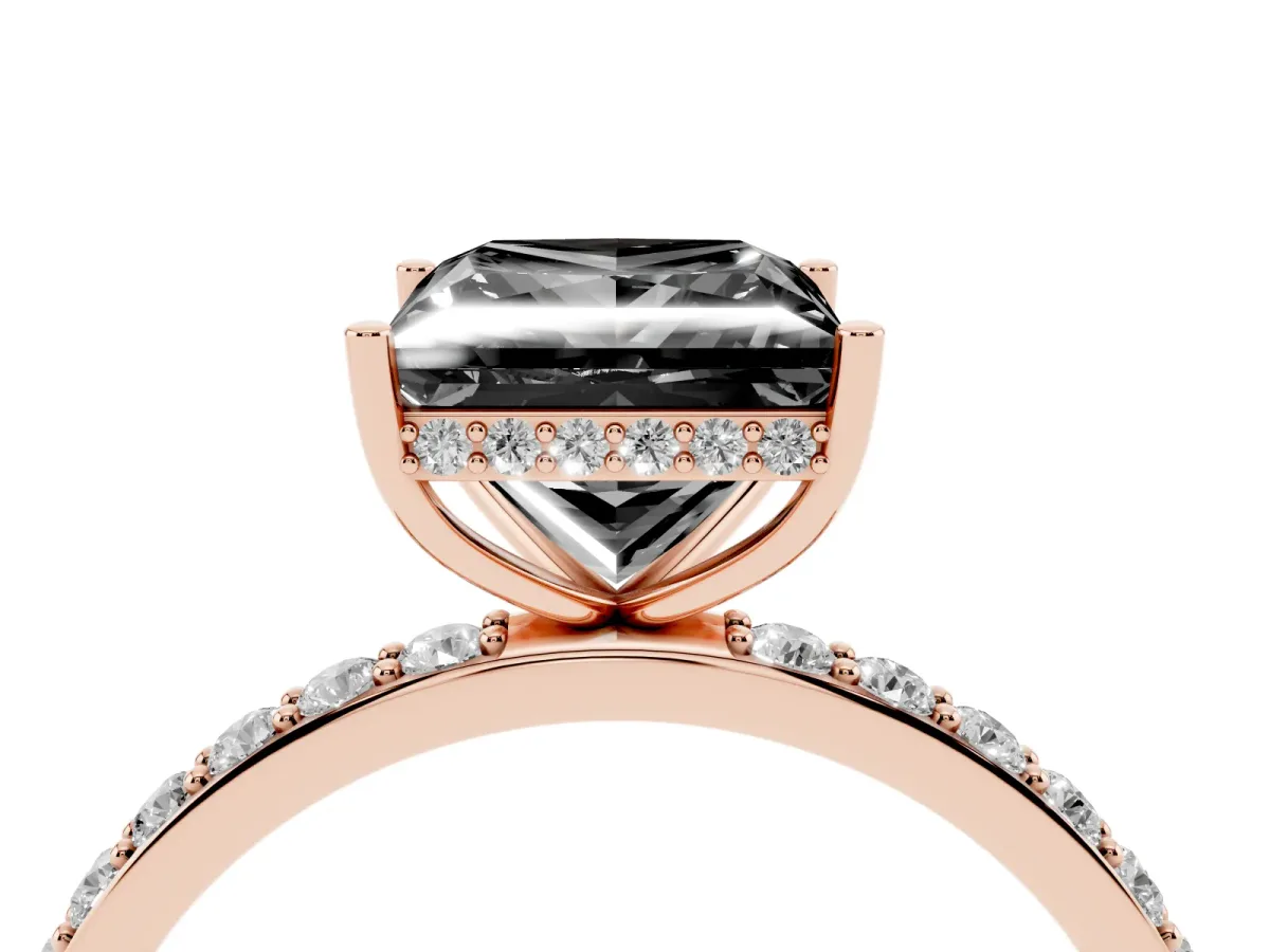Fancy Black Princess Cut Diamond Solitaire Ring with Pavé Band and Hidden Halo Rose gold