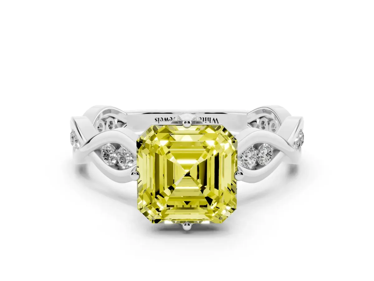 Fancy Yellow Asscher Cut Solitaire Twist Band with Leaf Prong Setting Silver