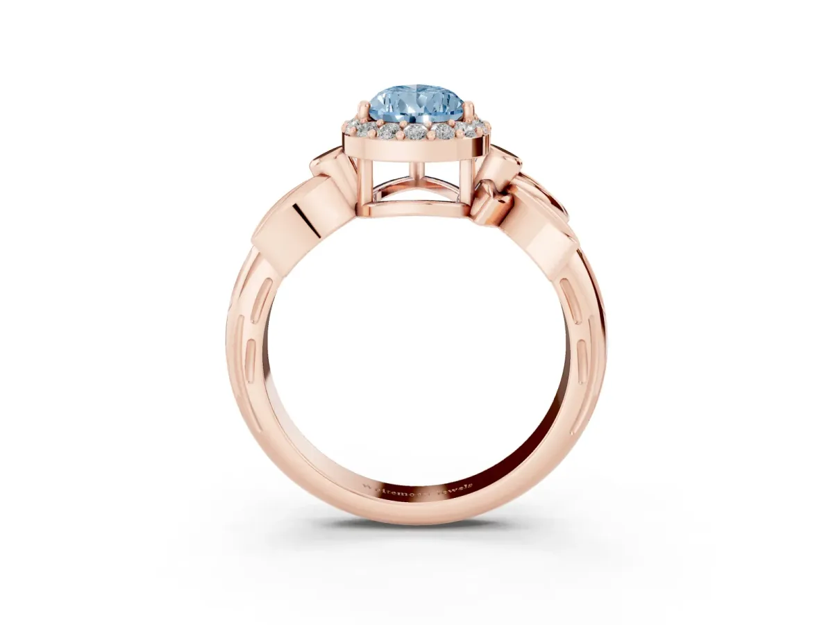 Fancy Blue Pear Cut Halo Diamond Floral Band with Four-Prong Setting Rose gold