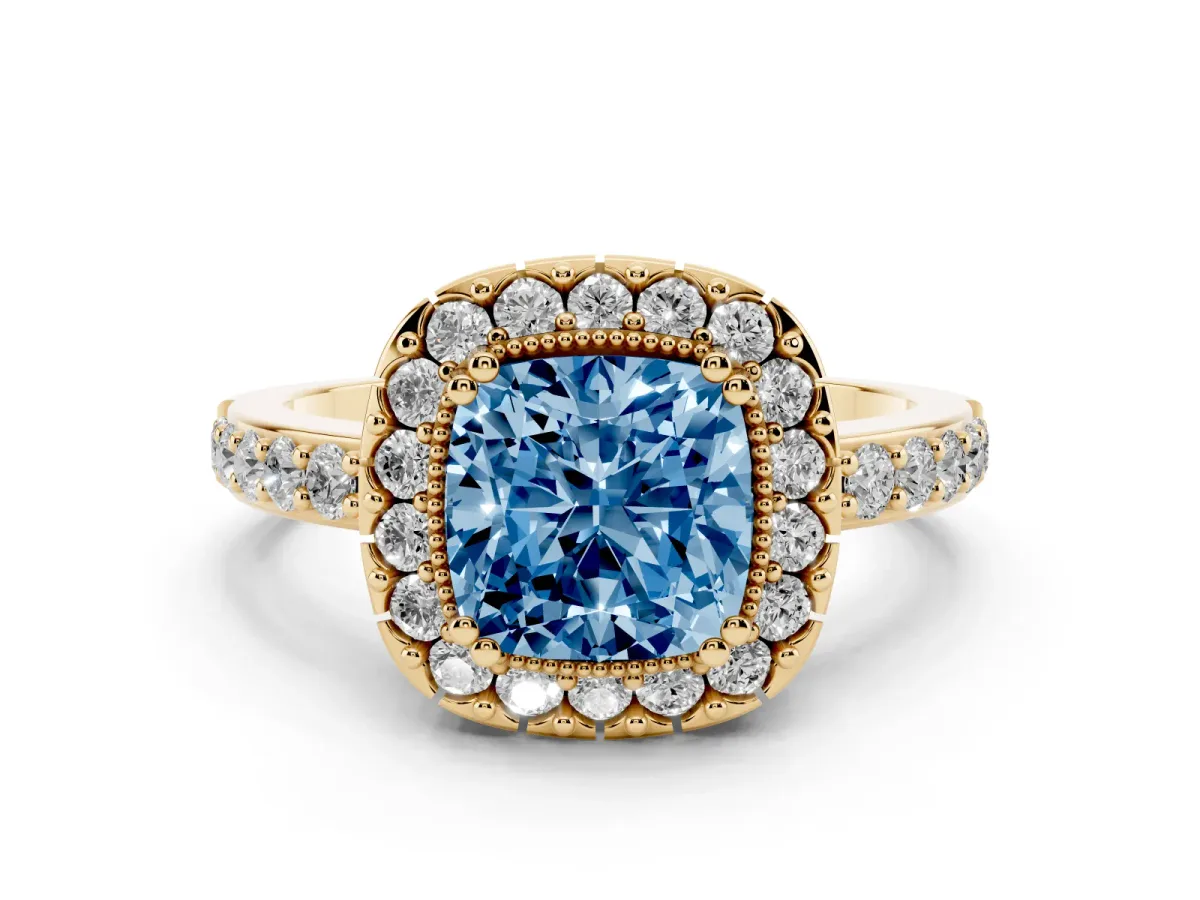 Fancy Blue Cushion Cut Diamond Halo Ring with Pavé Band and Prong Setting Yellow gold