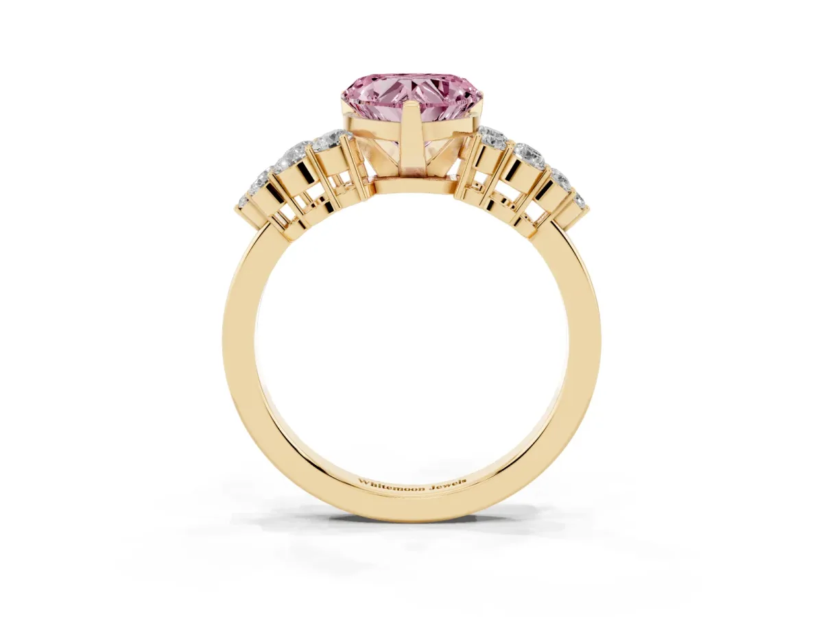 Fancy Pink Heart Cut Cluster Diamond Engagement Ring with Pavé Band and Four-Prong Setting Yellow gold