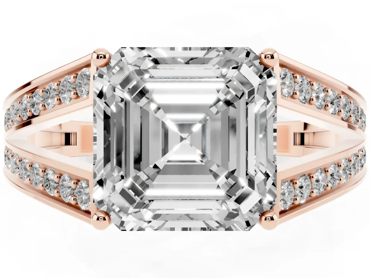 Asscher Cut Diamond Split Shank Ring with Pavé Band and Four-Prong Setting Rose gold