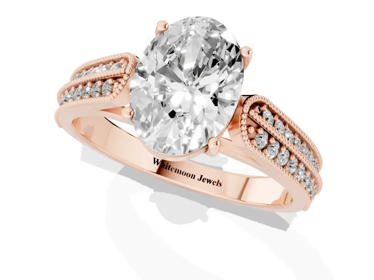Oval Cut Cut Pave Split Shank Engagement Ring with Four-Prong Setting Rose gold