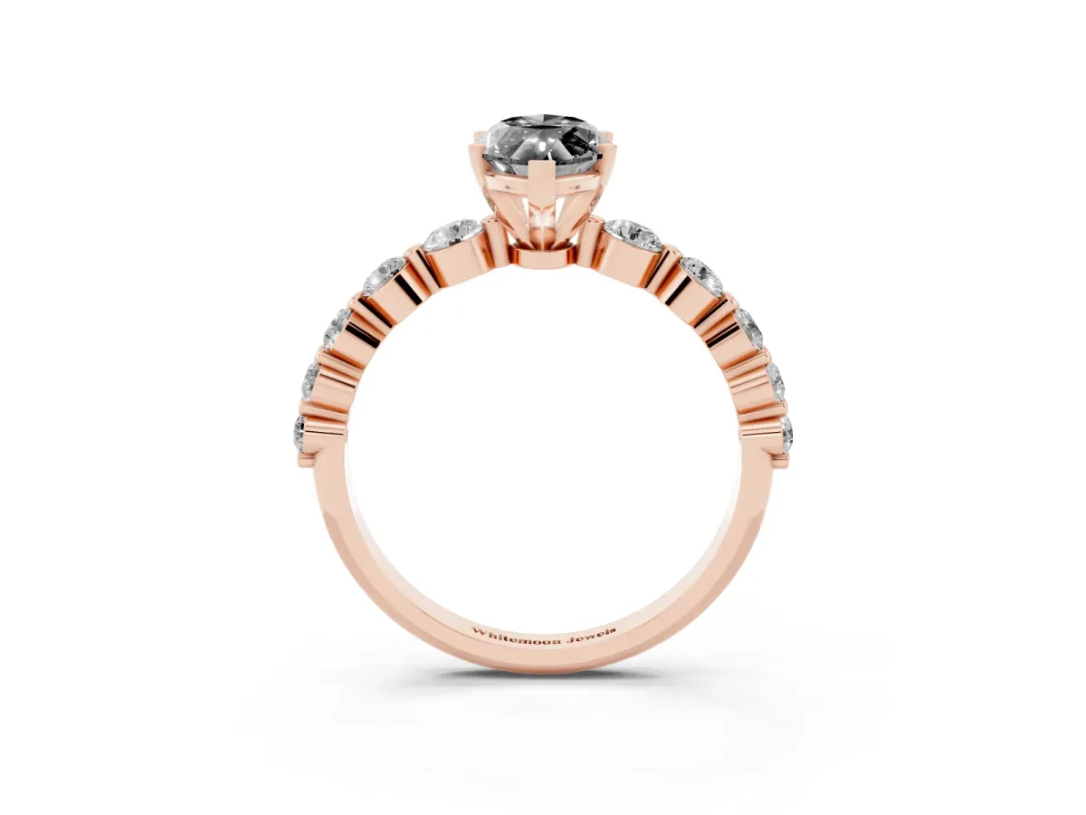 Fancy Black Marquise Cut Solitaire Diamond Ring with Pave Band and Four-Prong Setting Rose gold