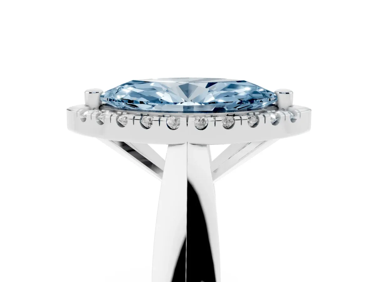 Fancy Blue Marquise Cut Cut Halo Solitaire Engagement Ring with Square Band and Four-Prong Setting White gold