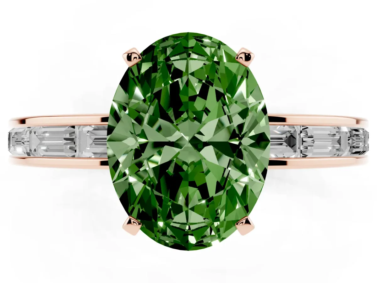 Fancy Green Oval Cut Solitaire Diamond Ring with Channel-Set Baguette Band and Four-Prong Setting Rose gold