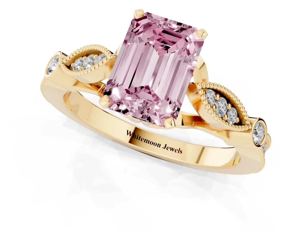 Fancy Pink Emerald Cut Cut Diamond with Milgrain Marquise and Bezel Accents on a Solitaire Band with Prong Setting Yellow gold