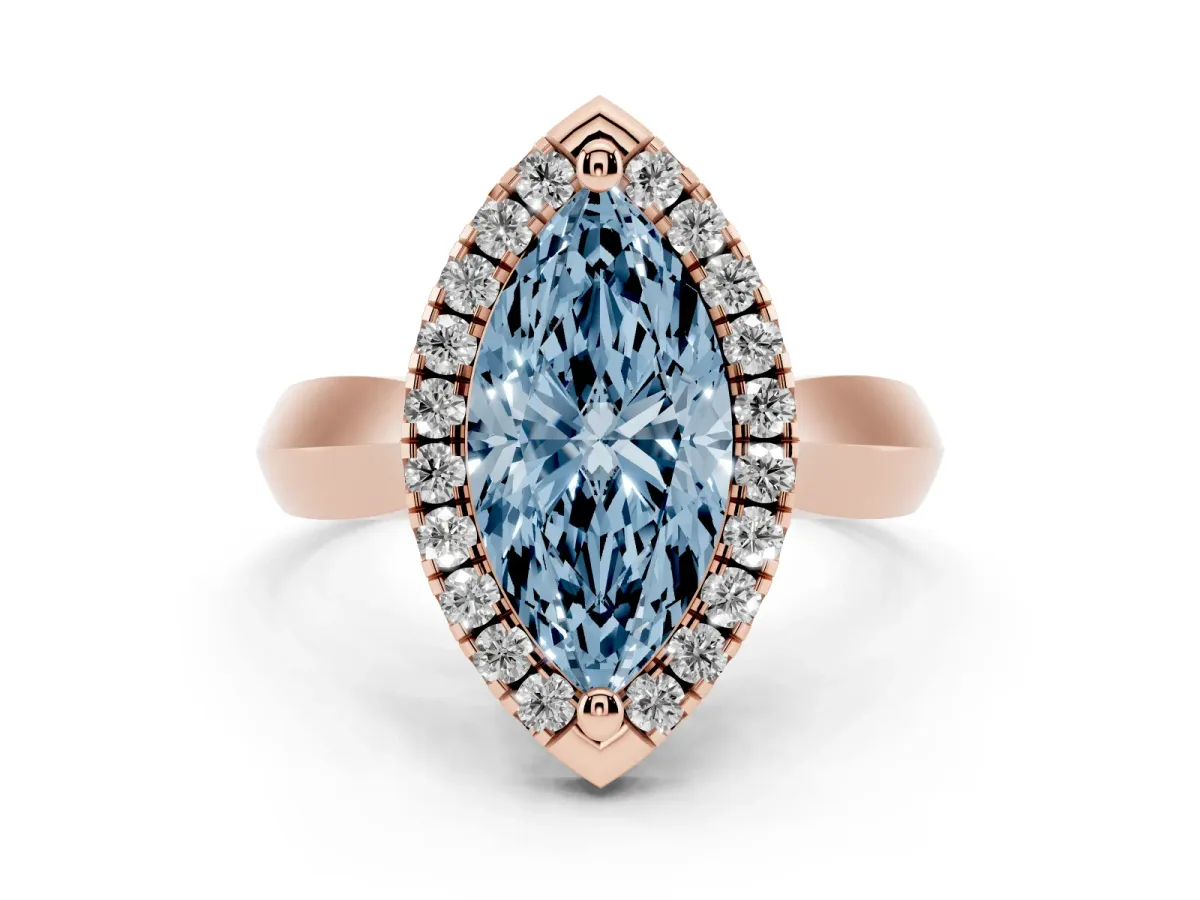 Fancy Blue Marquise Cut Cut Halo Solitaire Engagement Ring with Square Band and Four-Prong Setting Rose gold
