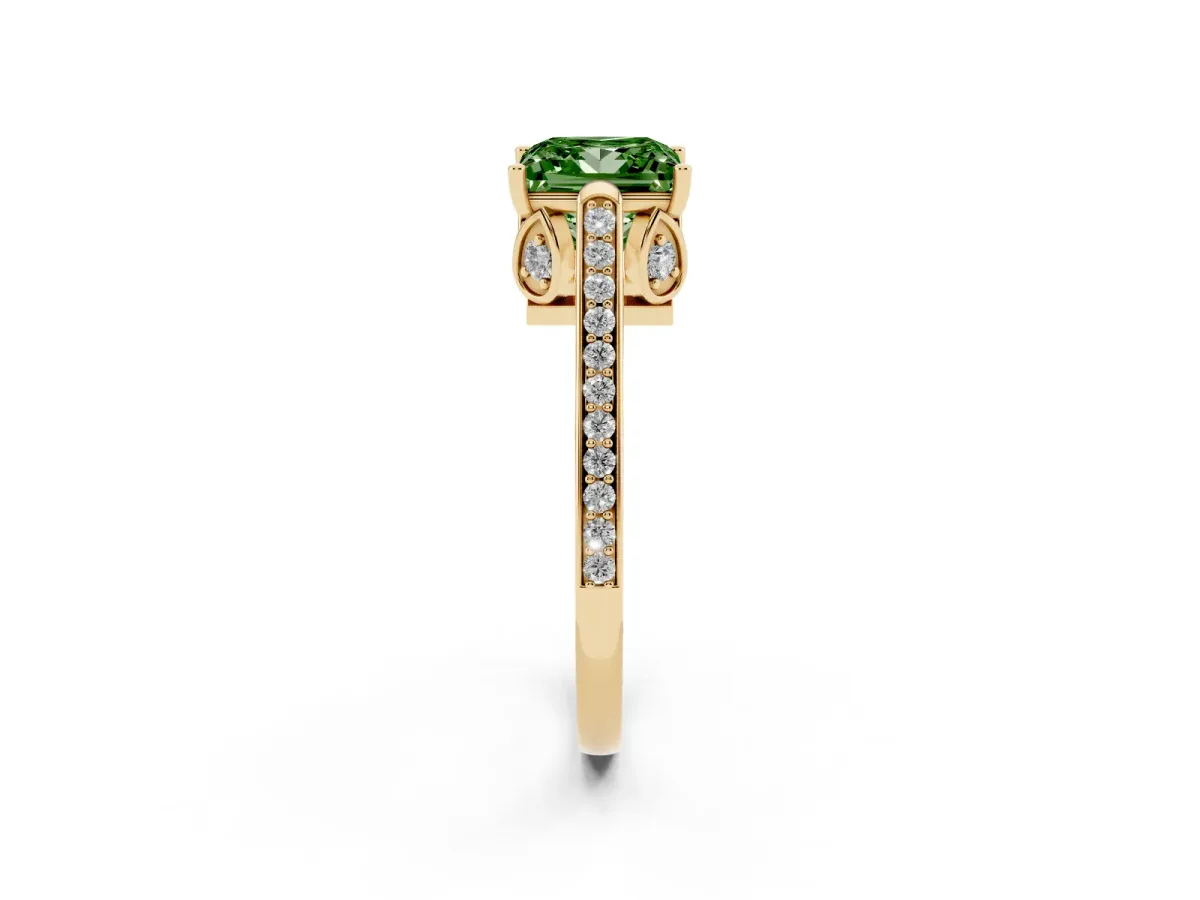 Fancy Green Princess Cut Cut Cathedral Pave Diamond Engagement Ring with Six-Prong Setting Yellow gold