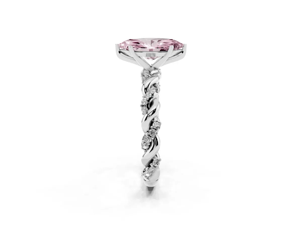 Fancy Pink Marquise Cut Diamond Solitaire Ring with Twisted Band and Pavé Accents Silver