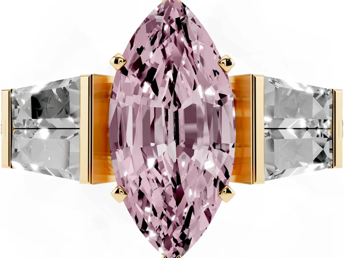 Fancy Pink Marquise Cut Diamond Engagement Ring with Baguette Side Stones and Channel Set Band Yellow gold