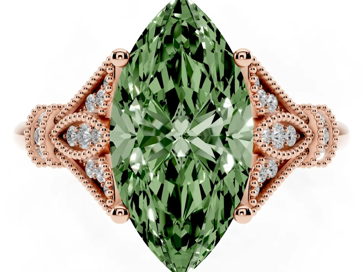 Fancy Green Marquise Cut Diamond Solitaire Ring with Floral Filigree and Pave Accents Rose gold